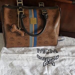 MCM Cognac Visetos Duffel Bag with Blue Stripe